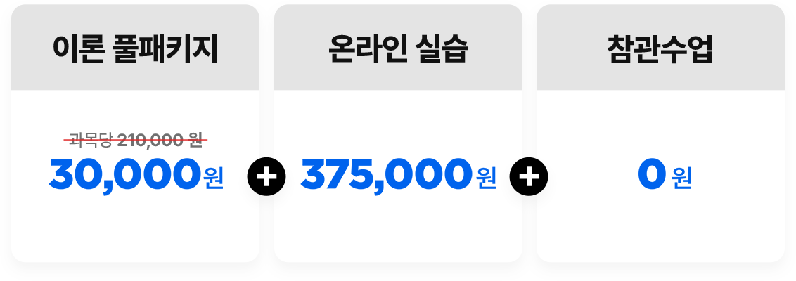 이론 풀패키지 과목당 정가 210,000원 할인가 30,000원 + 온라인 실습 375,000원 + 참관수업 0원