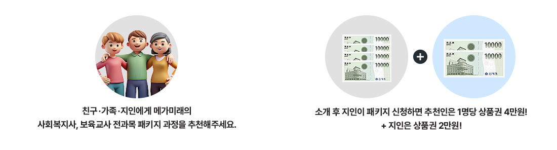 친구,가족,지인에게 메가원격평생교육원의 사회복지사, 보육교사, 한국어교원 과정을 추천해주세요! 지인이 수강 등록하면 1명당 백화점상품권 2만원! 추천받고 6과목 이상 구매한 지인은 1과목 무료!