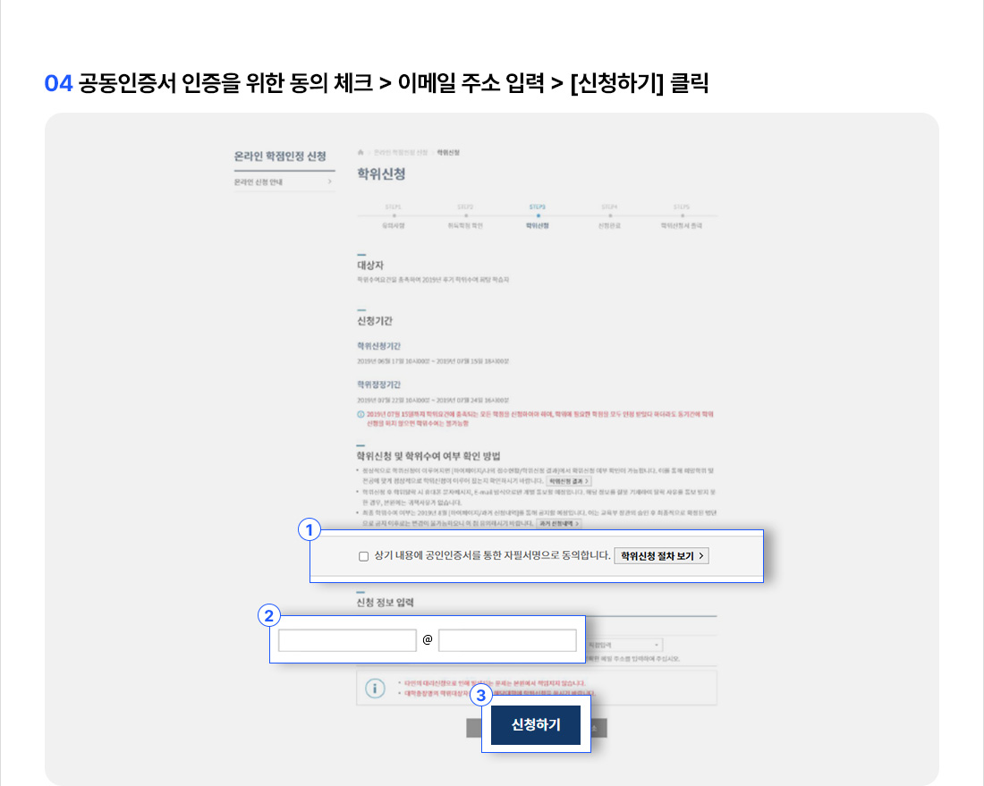 04 공동인증서 인증을 위한 동의 체크 > 이메일 주소 입력 > [신청하기] 클릭