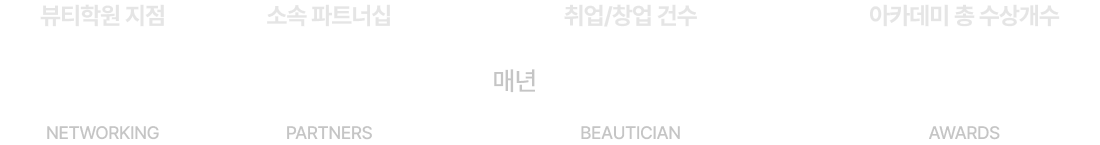 뷰티학원 지점 27개, 소속 파트너십 145개, 취업/창업 건수 매년 2,600 여 명, 아카데미 총 수상개수 15개